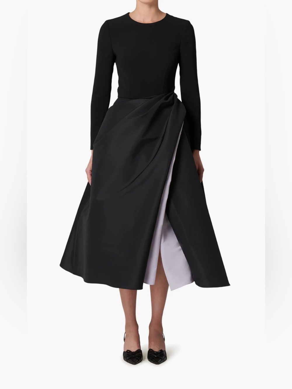 Carolina Herrera Mixed Media Long Sleeve Draped Midi Dress